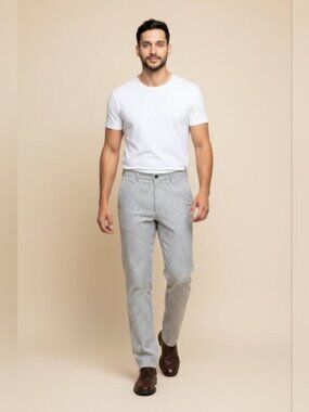 Linea Naturale SZ 34 Flat Front Blue White Micro Pinstripe Cotton Preppy Pants